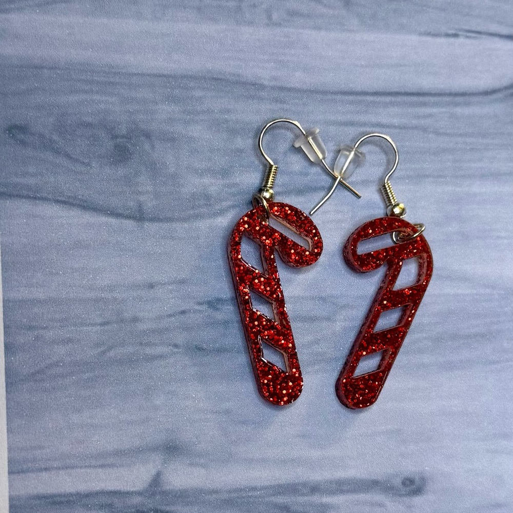 Handmade Sparkling Red Candy Cane Dangle Earrings Christmas Holiday NWT